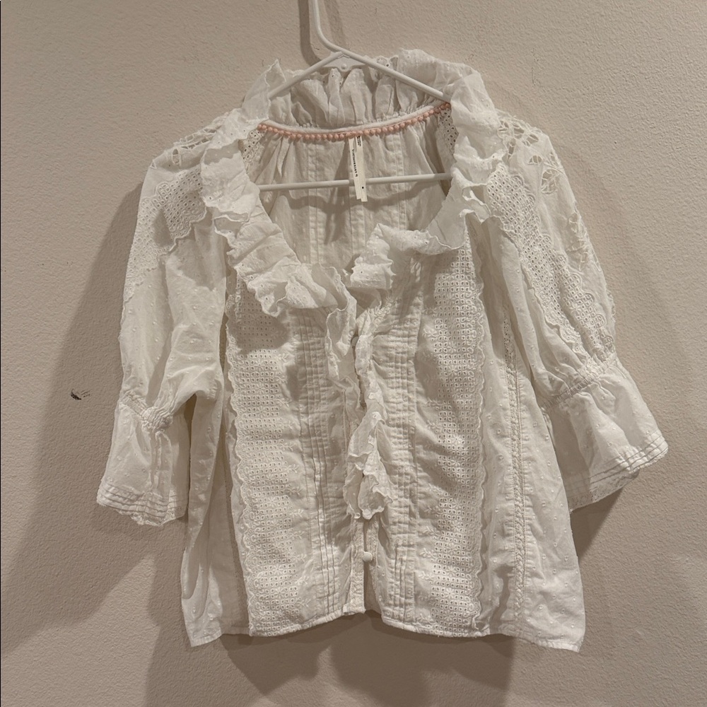 Anthropologie White Eyelet Ruffle Button-Front Blouse